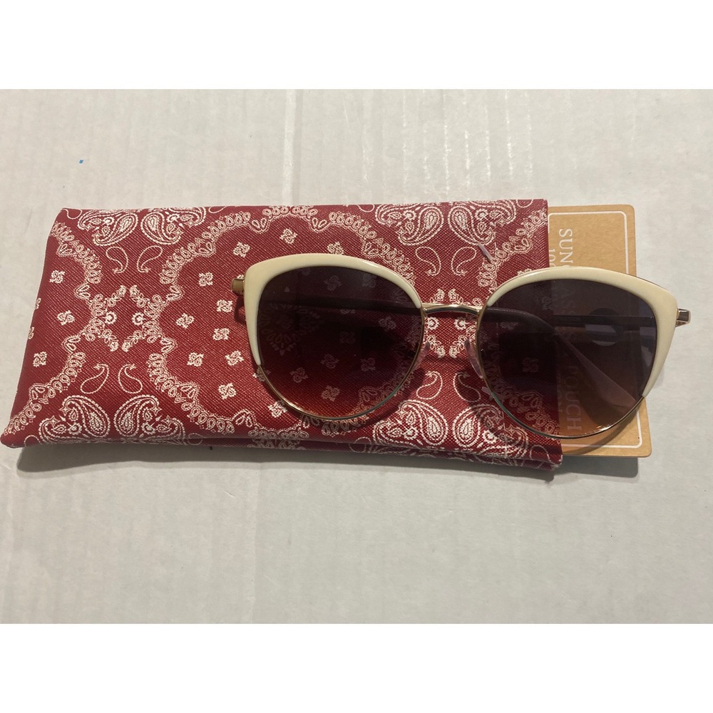 Womens Cat Eye Sunglasses Cream Gold Metal Frame UV Protection with Pouch
